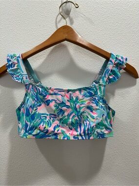 Lilly Pulitzer girls swim suit Tropical Print Ruffle Strap Crop Swim Top pink